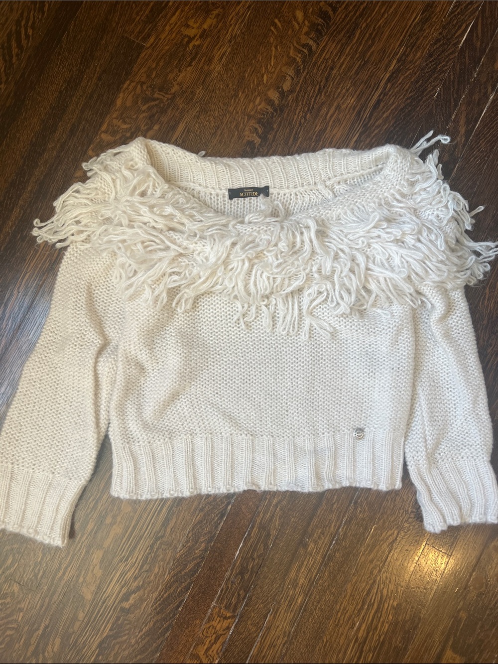 Fringe-Trim Cream Scoop Neck Sweater - Brand Unclear